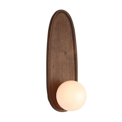 Modern Japanese Solid Wood Wall Sconce, Oval Tray Design, Milk White Glass Globe, Minimalist LED Bedside Lamp, Bedroom Hallway Entryway Reading Nook Foyer Zen Decor Interior Parlor(Brown)