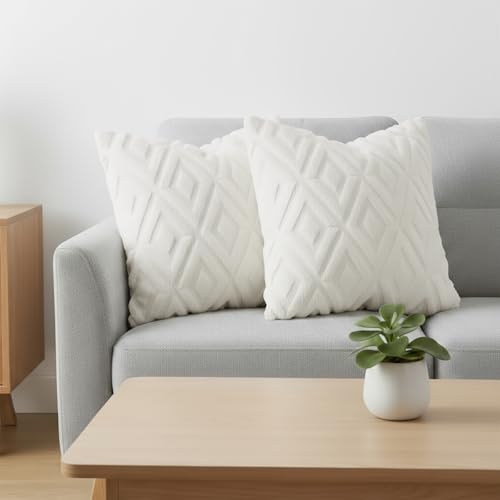 Pallene Summer Cream White Throw Pillow Covers 18x18 Set of 2, Soft Plush Faux Fur Decorative Couch Pillow Covers for Sofa Bed Living Room Pillow Cases with 3D Diamond Pattern