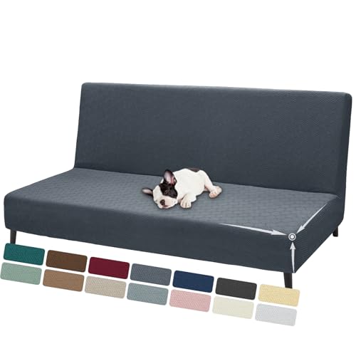 Stretch Fit Futon Cover (67"-82") Armless Futon Sofa Bed Slipcover with Elastic Band, Universal Foldable Sofa Mattress Protector Full Queen Size, Washable Comfort Jacquard (Dark Grey)