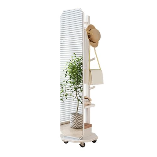 Floor-Standing Solid Wood Rotating Coat Rack，Full Length Mirror with Coat Rack 2 in 1 Floor Mirror and Coat Rack Solid Wood Frame Large Dressing Mirror for Living Room Bedroom Free Standing