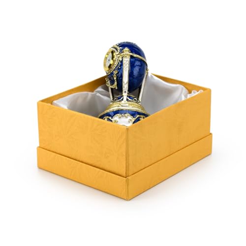 MusicBoxAttic Gold Accented Quartz Clock 18 Note Blue Musical Jeweled Faberge-Style Egg with Rooster-Many Songs to Choose-Candle in The Wind