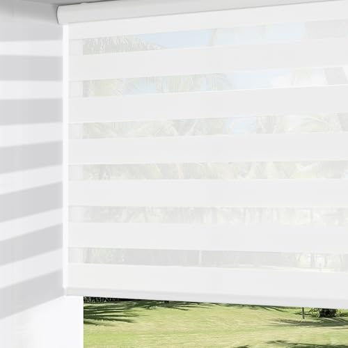 ChrisDowa Cordless Zebra Blinds for Windows, Dual Layer Free-Stop Light Filtering Window Roller Shades, Pull Down Privacy Zebra Shades for Home, Office, Bedroom, Door (34" W x 72" H, White)
