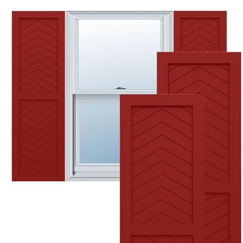 18"W x 26"H True Fit PVC Two Panel Chevron Modern Style Fixed Mount Shutters, Fire Red (Per Pair - Hardware Not Included)