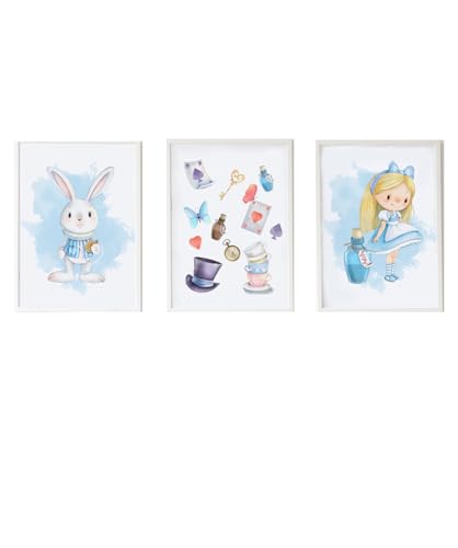 Set of 3 cuadros infantiles formado por cuadro conejo con reloj, cuadro objetos Alicia y cuadro Alicia con pocima azul