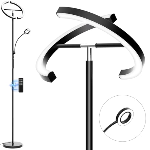 LED Floor Lamp for Living Room - Modern Standing Lamp with Reading Light, Remote Touch Control Floor Light Dimmable Mother-Daughter Tall Bedroom Lamp for Couch Office, 29W, Black