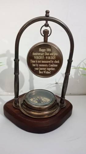 Antique Brass Desk Clock with Compass, Victoria London 1876 Analog Vintage Table Clock on Wooden Base