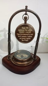 Antique Brass Desk Clock with Compass, Victoria London 1876 Analog Vintage Table Clock on Wooden Base