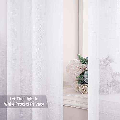 MIULEE Natural Linen Sheer Window Curtains - Elegant Solid White Drapes Grommet Top Voile Panels for Bedroom Living Room (52X90 Inch)