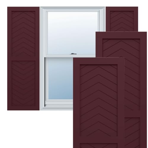 18"W x 48"H True Fit PVC Two Panel Chevron Modern Style Fixed Mount Shutters, Wine Red (Per Pair - Hardware Not Included)