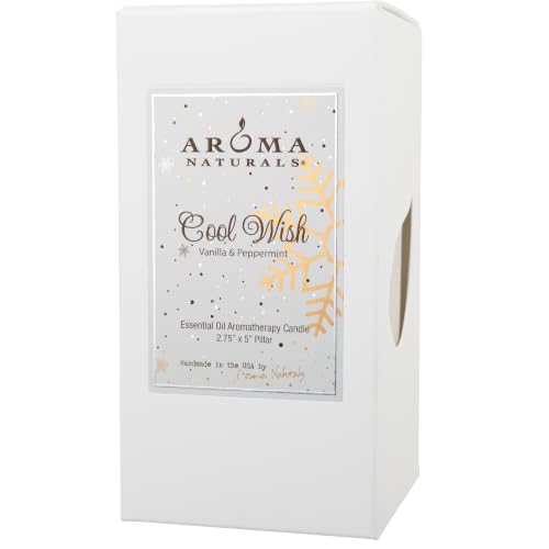 Aroma Naturals Holiday Essential Oil Vanilla & Peppermint Scented Pillar Candle, Cool Wish, 2.75 inch x 5 inch