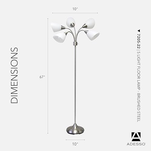 Adesso Floor Lamp with 5 Movable Shades & Adjustable Brightness, Brushed Steel Finish, Silver Perfect Lighting for Bedroom Decor, Beauty & Art Studio
