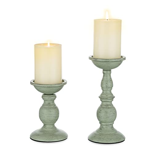 Sziqiqi Pillar Candles Holders for Table Centerpiece, Set of 2, Sage Green