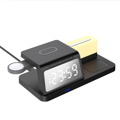 IHAO 6in1Digital Alarm Clock with Wireless Charging Station Night Light 15W Fast Charging for Qi Phone Headphone Bracket for iWatch Charger LED Display Dimmable Brightness-HT309 Black