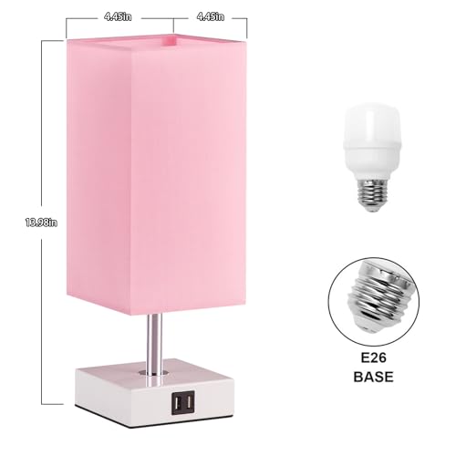 Touch Control Table Lamp with 2 USB Charging Ports, 3 Way Touch Lamps Beside Desk, Nightstand Lamp for Bedrooms Living Room, Pink Shade with White Base, LED Bulb Included(Pink)