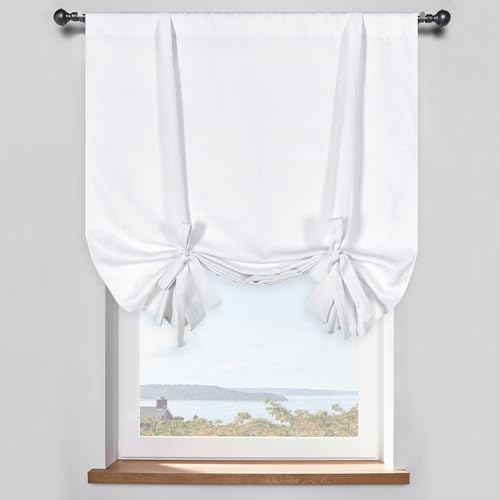 DONREN Pure White Balloon Shades Room Darkening Kitchen Window Curtain - Adjustable Thermal Insulated Tie Up Curtain Panel for Bathroom (34 W x 45 inches Long,1 Panel)