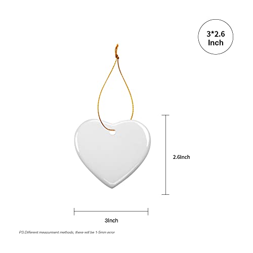 PYD Life 25 PCS Sublimation Blank White Ornament Ceramic 3 Inch Heart Shaped Ornament with Gold String for Christmas Home Customized Decor Bulk