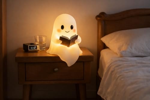 Ghost Night Light with Book, USB Powered LED Lamp, Warm White Glow, Resin, Cute Kawaii Figurine, Bedroom Nightlight