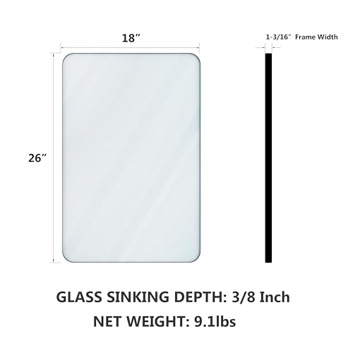 VocalStar Black Bathroom Mirror for Wall, 18 x 26 Inch Rounded Rectangle Metal Framed Bathroom Wall Vanity Mirror Farmhouse, 1/4-inch Shatterproof Glass | Ultra-Flush Hanging