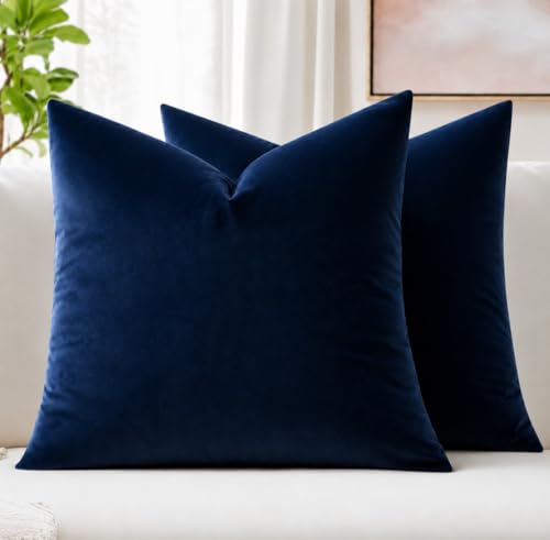 MIULEE Velvet Throw Pillow Covers 18x18 Inch, Pack of 2 - Dark Blue, Super Soft Decorative Square Cushion Cases Modern Luxury Home Decor for Sofa, Couch, Bed, Chair