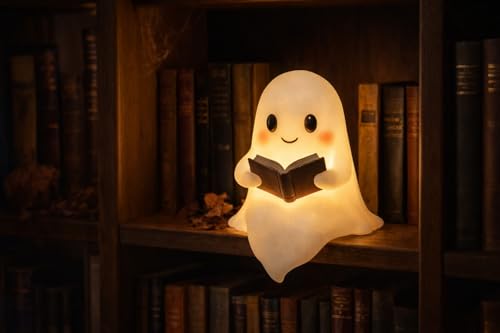 Ghost Night Light with Book, USB Powered LED Lamp, Warm White Glow, Resin, Cute Kawaii Figurine, Bedroom Nightlight