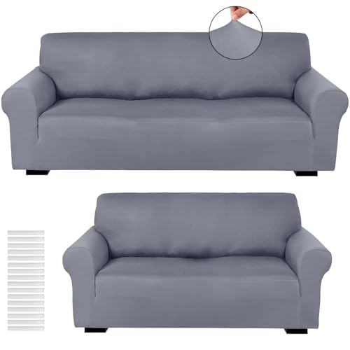 Peryiter 2 Pcs Sofa Covers Couch and Loveseat Covers Set Stretch Sofa Slipcover for Living Room Armchair Furniture Protector, Wrinkle Proof(Light Gray,Milk Silk)