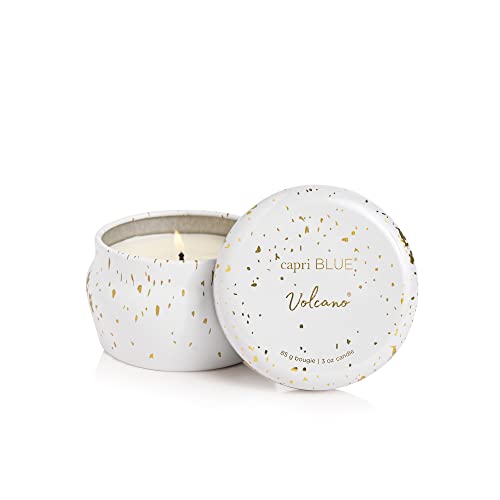 Capri Blue Glimmer Mini Tin - Volcano Scented Candle with Mini Tin Candle Holder - Soy Wax Blend - White and Gold (3 oz)