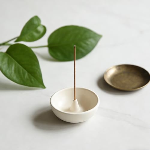 Cream White Ceramic Incense Holder Bowl - 3 Inch Round Incense Burner for Meditation, Home Decor, Ash Catcher with Center Hole for Thin Sticks (Cream White)