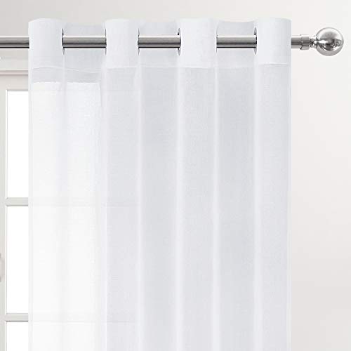DWCN White Sheer Curtains Linen Look Semi Transparent Voile Grommet White Curtains for Living Dining Room Drapes 52 x 84 Inch Long, Set of 2 Panels