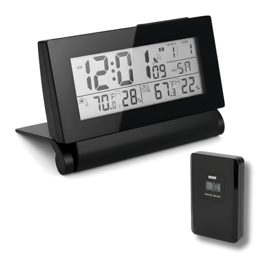 Digital Clock with Atomic RCC Time and Alarm | Indoor Temperature and Humidity Display | Wireless Sensor, Battery Operated with Blue Backlight for Bedroom or Desk