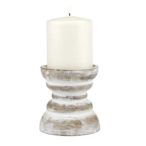 Stonebriar Antique White Wooden Pillar Candle Holder, Vintage Seaside Pillar Stand for Dining Table Centerpiece, Coffee Table, Mantel, Or Any Table Top, Small