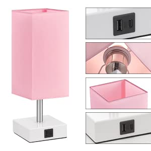 Touch Control Table Lamp with 2 USB Charging Ports, 3 Way Touch Lamps Beside Desk, Nightstand Lamp for Bedrooms Living Room, Pink Shade with White Base, LED Bulb Included(Pink)