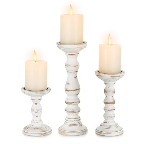 Romadedi Pillar Wood Candle Holders, Whitewashed Brown, Set of 3