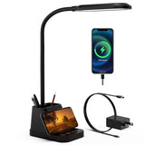 LED Desk Lamp with USB Charging Port, Study Table Light for Home Office Bedrooms, Black, Flexible Gooseneck, Small, 650LM, Pen Holder, Timer Settings, School Essentials for College Dorm Room