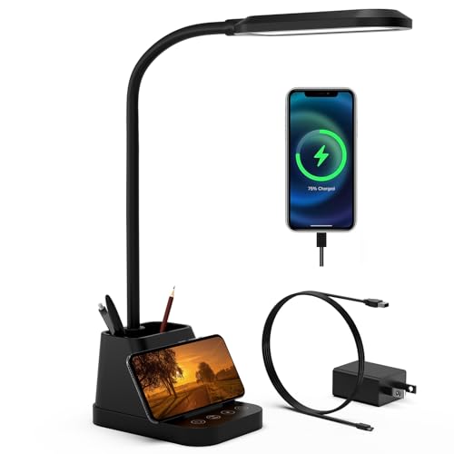 LED Desk Lamp with USB Charging Port, Study Table Light for Home Office Bedrooms, Black, Flexible Gooseneck, Small, 650LM, Pen Holder, Timer Settings, School Essentials for College Dorm Room