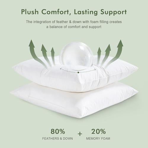 TOPGREEN Feathers Down Throw Pillow Inserts 12x20, Set of 2, 100% Organic Cotton Shell, Soft Decorative Lumbar Pillow Insert for Living Room Sofa, Couch, or Bed (White)