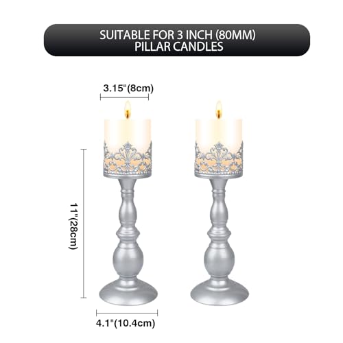 Candle Holders for Pillar Candles Gothic Matte Pearl Silver Tall Candle Holders Set of 2 Decorative Large Table Centerpieces Candle Stand Decor (Pearl Silver 2PCS A)
