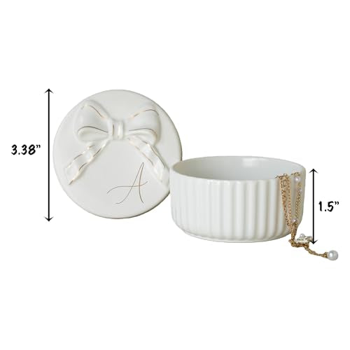COLLECTIVE HOME Monogram Ceramic Jewelry Box with Bow - Small Jewelry Dish, Elegant Birthday, Graduation, Christmas & Women's Day Gifts (A)