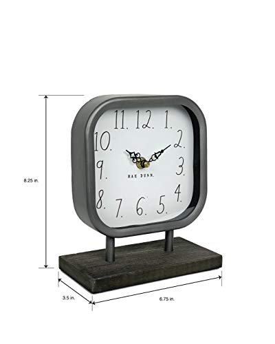 Rae Dunn Desk Clock - Battery Operated Modern Metal Rustic Design with Wooden Base for Bedroom, Office, Kitchen - Small Classic Analog Display - Chic Home Décor for Desktop Table, Countertop