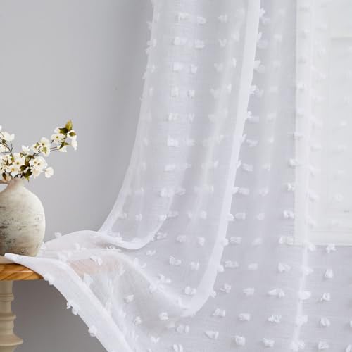 White Sheer Curtains 84 Inches Long for Living Room Bedroom Farmhouse White Pom Pom Curtains 2 Panels Back Tab Shabby Chic Boho Curtain Semi Sheer Nursery Kids Aesthetic Ruffle Drape 52x84 Length