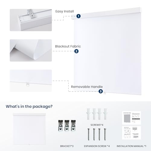 100% Blackout Roller Shades Cordless Blinds for Indoor Windows,Free-Stop Window Shades Pull Down,Thermal Insulated Fabric UV Protection,Blackout Window Guard Blinds for Home,Office,White,34" W x 72" H