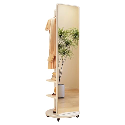 Floor-Standing Solid Wood Rotating Coat Rack，Full Length Mirror with Movable Wood Coat Rack - 2-in-1 Floor Mirror and Coat Rack for Living Room, Bedroom, Cloakroom Mirror
