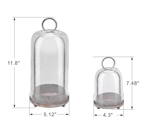 5" & 4" Wide Versatile Metal Candle Holder in Shabby White with Handmade Thick, Heavy & Sturdy Glass Dome for Pillar Candle, Industrial, Modern, Shelf, Mantel, Veranda, Porch