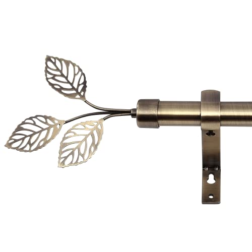 RYB HOME Brass Curtain Rod 1 Inch Diameter with Vivid Leaf Finials Telescoping Single Rod for Kitchen Living Room Bedroom Window Adjustable Length from 48 to 86 Inch, Antique Brass