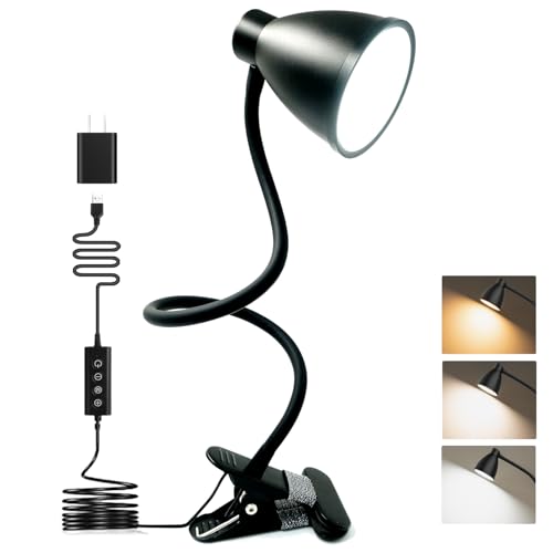 BOHON Desk Lamp 5 Color Modes 10 Brightness Dimmer Reading Light Black | 10W 38 LED Clamp Lamp with Auto Off Timer 360° Flexible Neck Clip on Light for Bed Bedside, AC Adapter Include