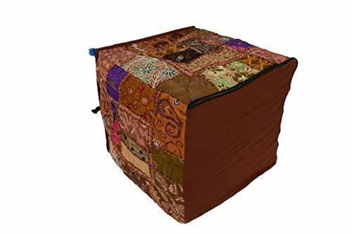 22" Indian Ethnic Cotton Ottoman Vintage Embroidered Patchwork Square Pouf