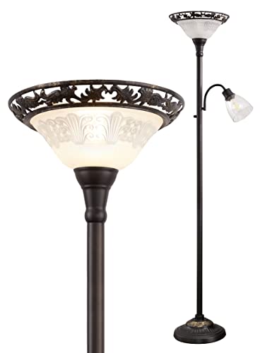 Floor Lamps for Living Room, 70" Floor Lamp Standing Torchiere Lamp with Etched Glass Shade, Metal Pole & Heavy Base, Vintage Tall Corner Lamp Decor for Bedroom, Living Room, Office. No Bulbs (2 Head)