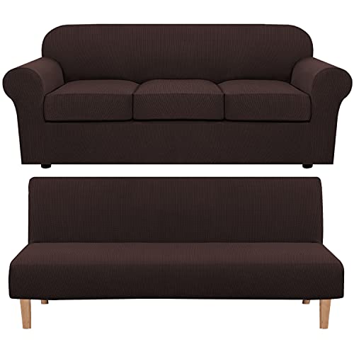 H.VERSAILTEX 4 Piece Stretch Sofa Covers for 3 Cushion Couch Bundles Armless Futon Cover, Chocolate