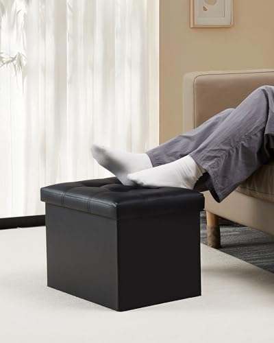 Bsketa Storage Ottoman Bench,17 Inch Folding Leather Foot Rest Stools,Black