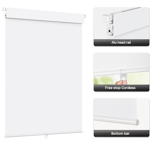 LazBlinds No Drill Blackout Roller Shades, 35" W x 72" H, White | Cordless, Thermal Insulated Fabric, UV Protection, For Indoor Windows, For Home and Office