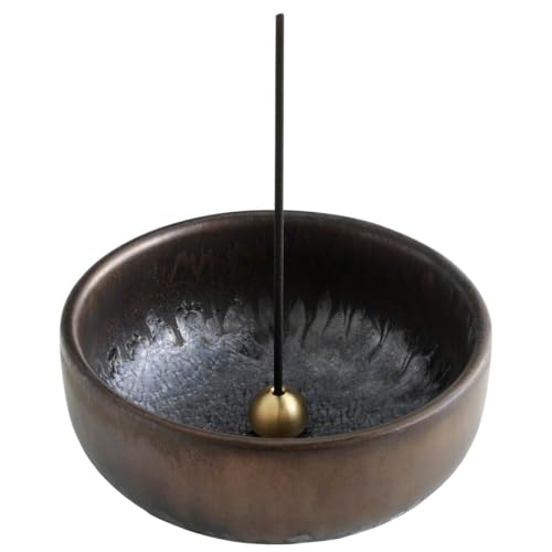 Asayu Japan Zen Incense Holder – 3.9" (100 mm) Ceramic Incense Bowl with Brass Burner, Made in Japan Mino Ware, Modern Wabi-Sabi Style in Metallic Black, Brown & Gold